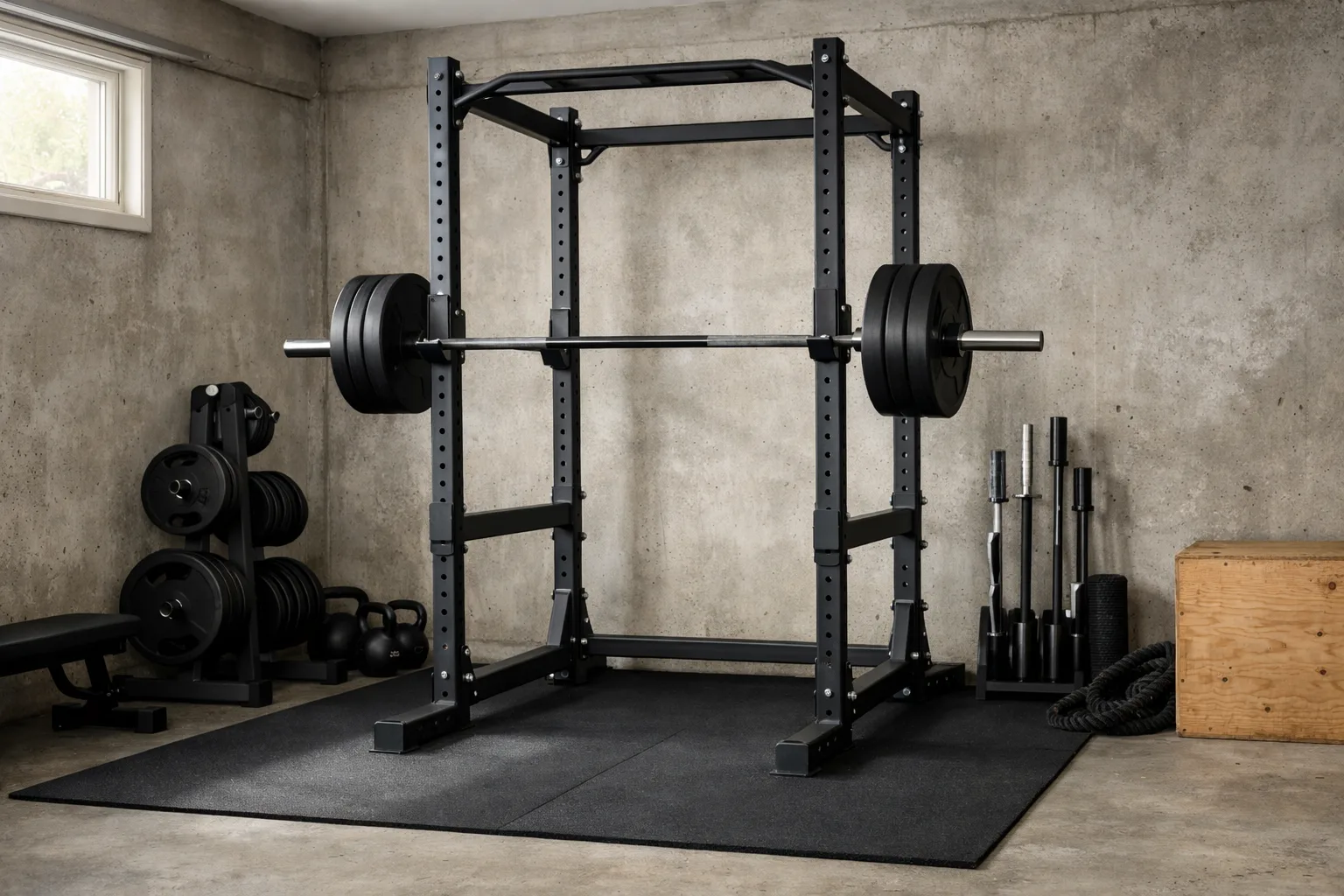 Svart power rack på gummigolv i garage.