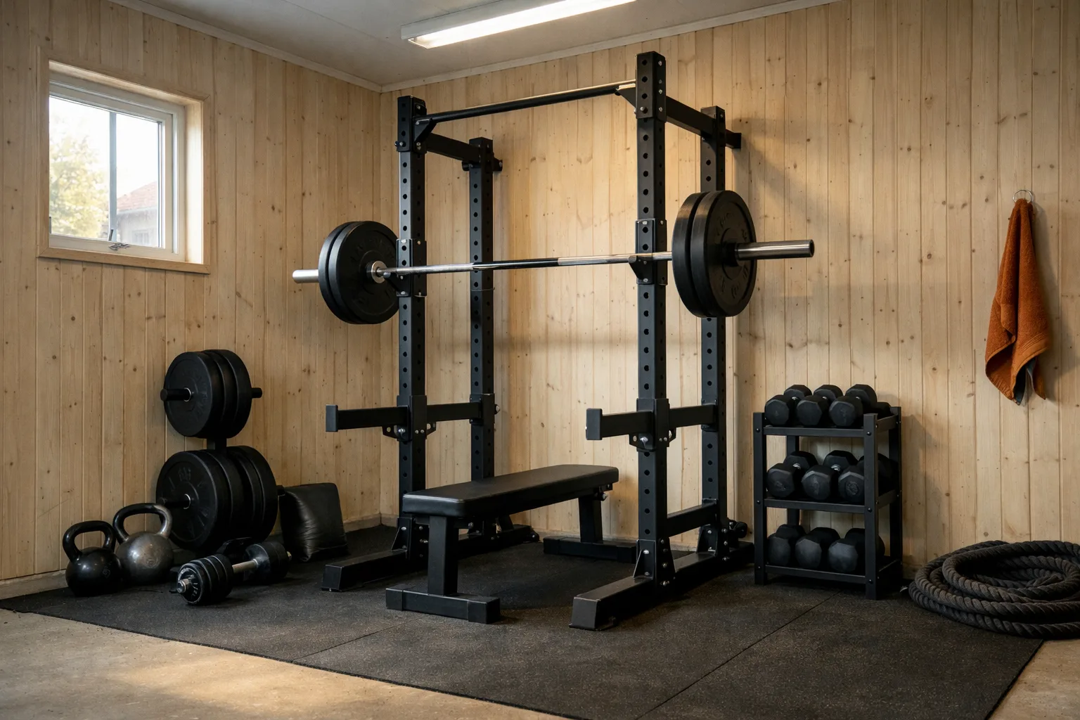 Kompakt squat rack i ett litet rum.