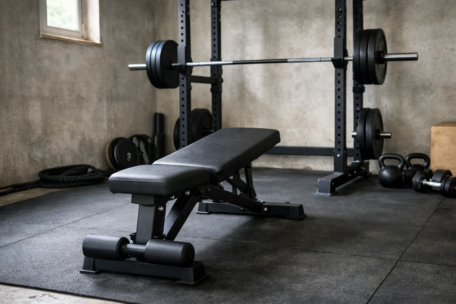 Träningsbänk framför svart rack.