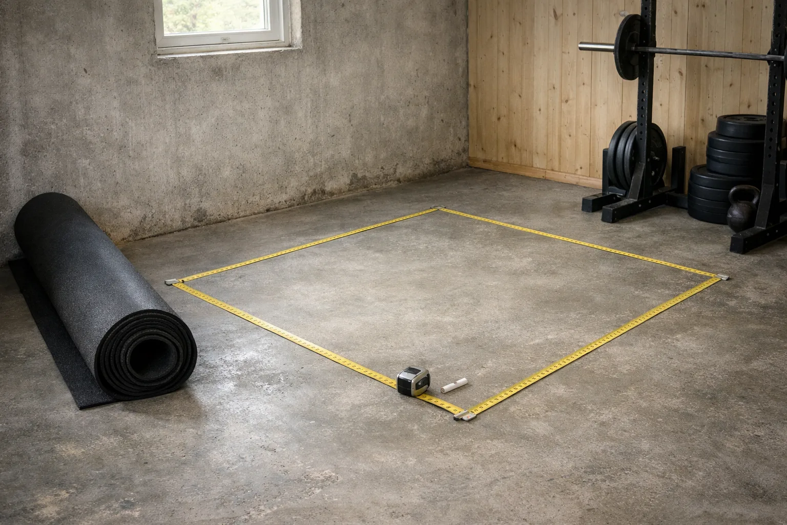 Hemmagym i ett garage med power rack, träningsbänk och gummigolv.