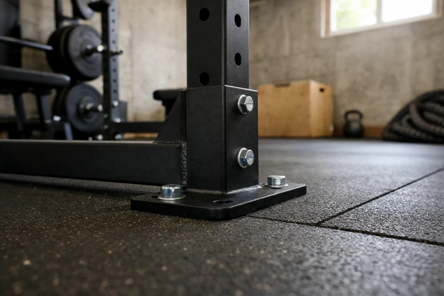 Power rack på gummigolv i ett hemmagym