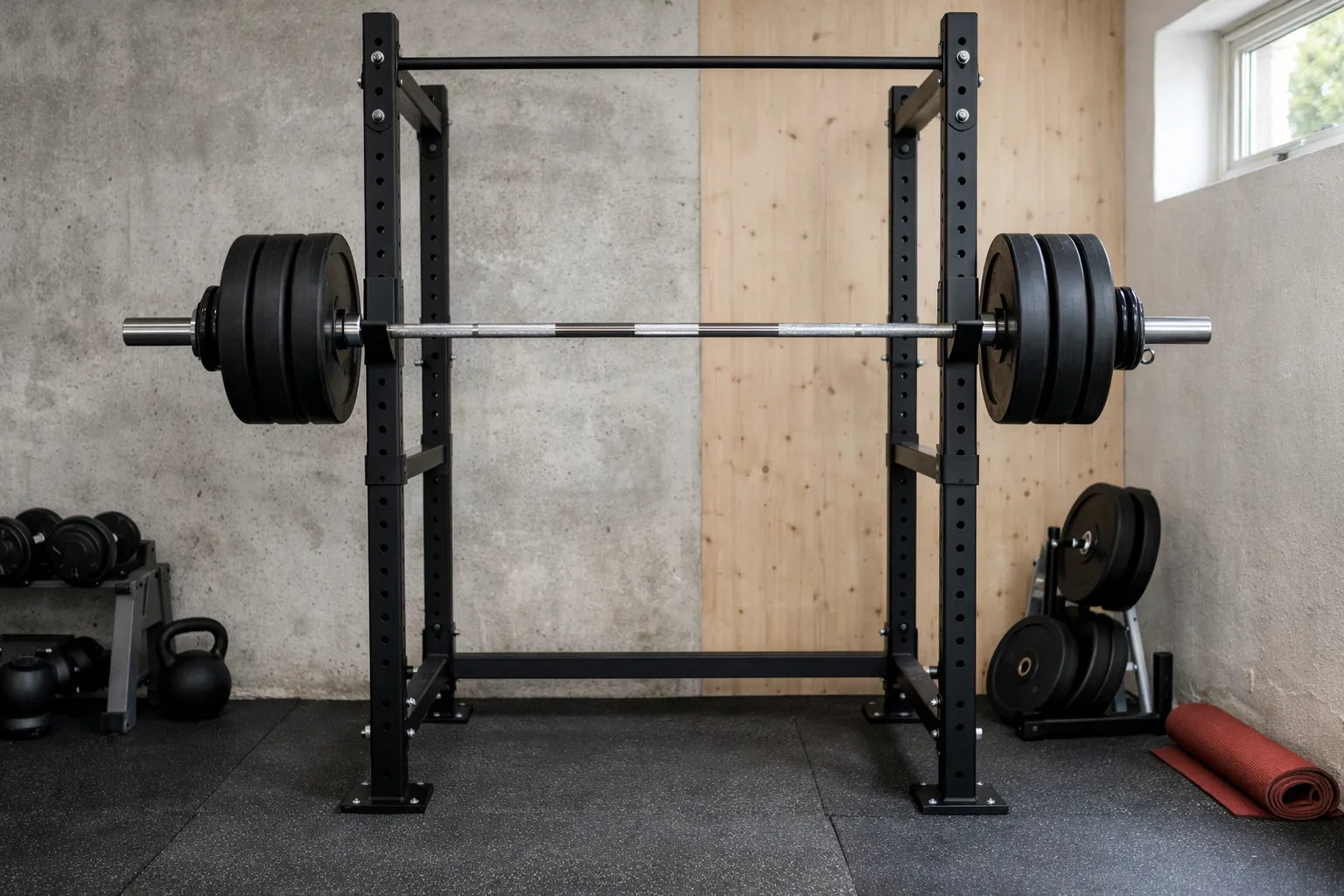 Power rack med skivstång och träningsbänk i ett hemmagym