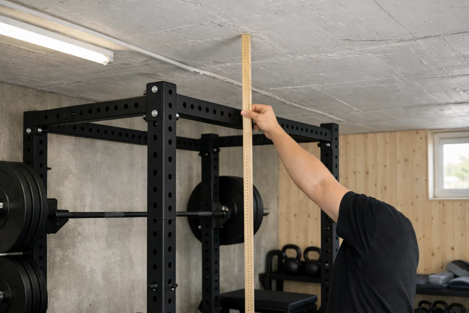 Måttstock intill rack under lågt tak.