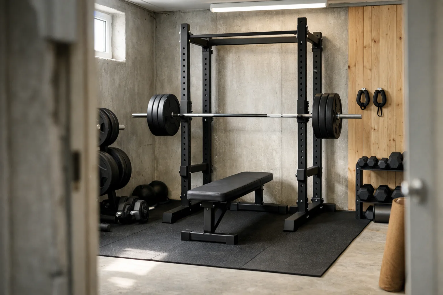 Hemmagym med rack, bänk och skivstång.