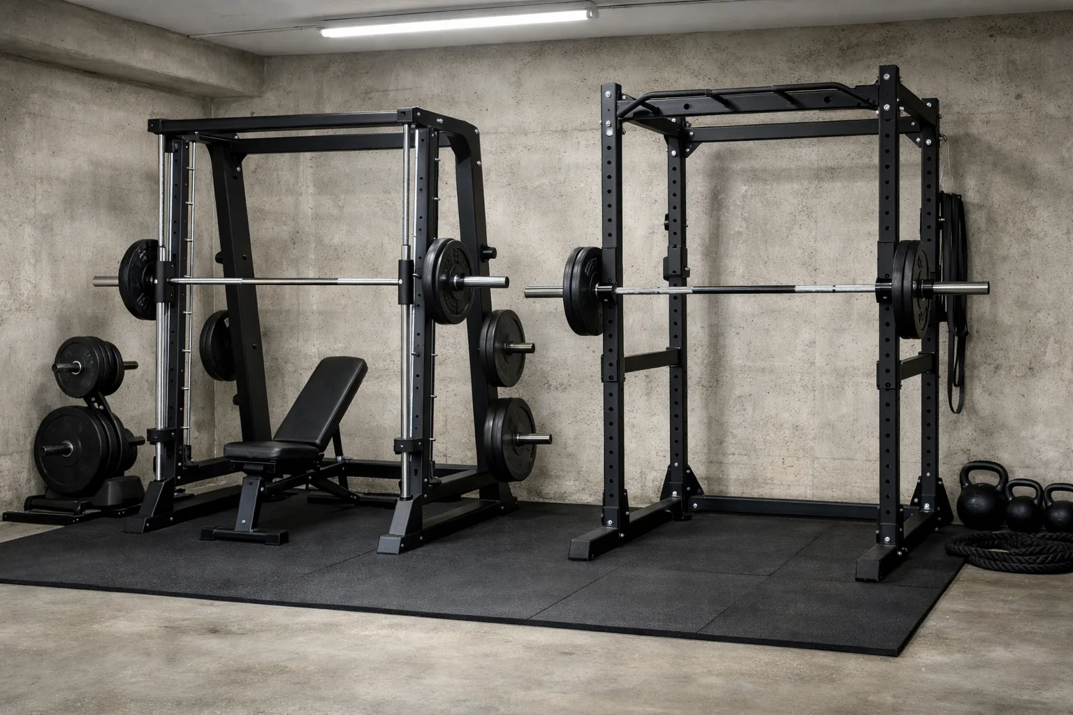 Smithmaskin bredvid ett power rack.